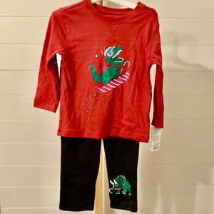 Cat Jack Toddler Boys Dinosaur Christmas Pajama Set Red Green 3T